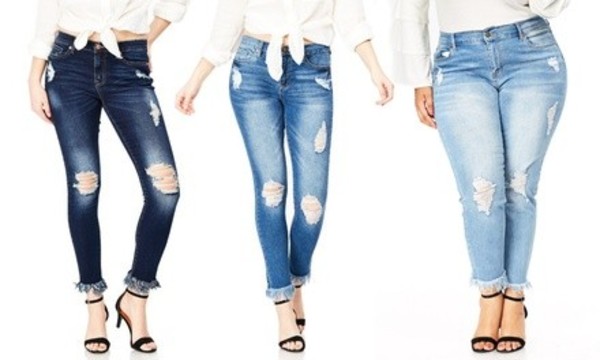 Women's Mid-Rise Destructed Skinny Jeans. Plus Size Available.